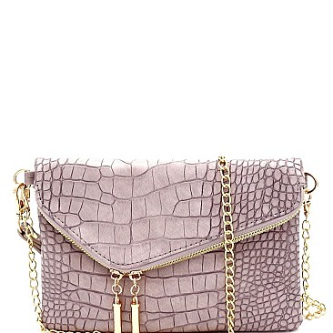 ASYMMETRICAL CROCODILE PRINT FLAP CLUTCH