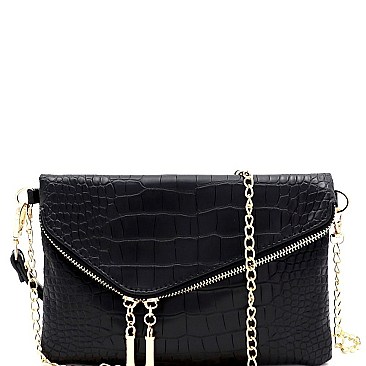 ASYMMETRICAL CROCODILE PRINT FLAP CLUTCH