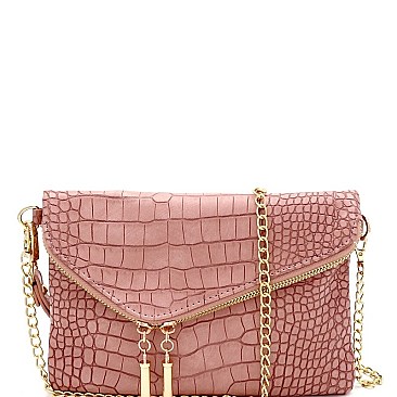 ASYMMETRICAL CROCODILE PRINT FLAP CLUTCH