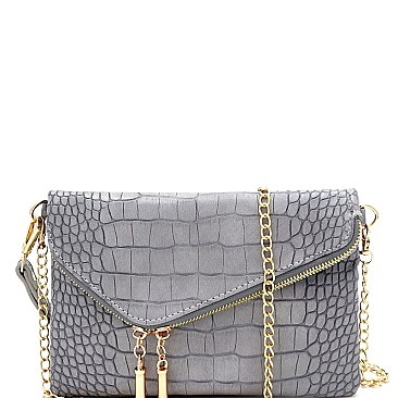 ASYMMETRICAL CROCODILE PRINT FLAP CLUTCH