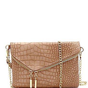 ASYMMETRICAL CROCODILE PRINT FLAP CLUTCH