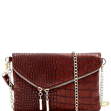 ASYMMETRICAL CROCODILE PRINT FLAP CLUTCH