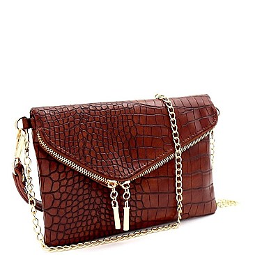 ASYMMETRICAL CROCODILE PRINT FLAP CLUTCH