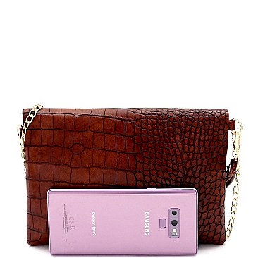 ASYMMETRICAL CROCODILE PRINT FLAP CLUTCH