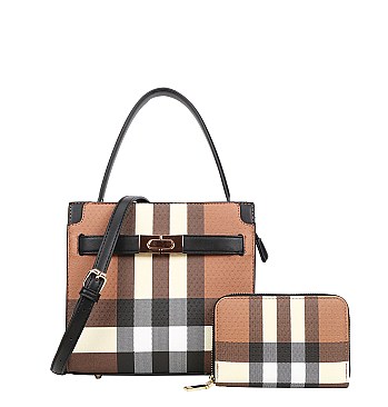 2 in 1 Monogram Plaid Medium Tote Wallet Set