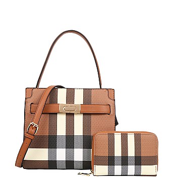 2 in 1 Monogram Plaid Medium Tote Wallet Set