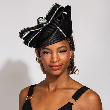 SATIN CHURCH Pillbox Hat With Crystals and Bow Accent