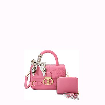 2 in 1 Fashion Scarfed Colorblock Twist Lock Flap Satchel with Wallet