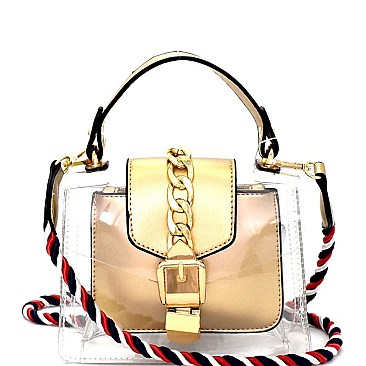 PL0264-LP Chain Accent Colorful Braided Strap Clear Top-Handle Satchel