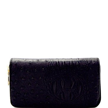 Ostrich Print Embossed Zip-Around Tassel Wallet